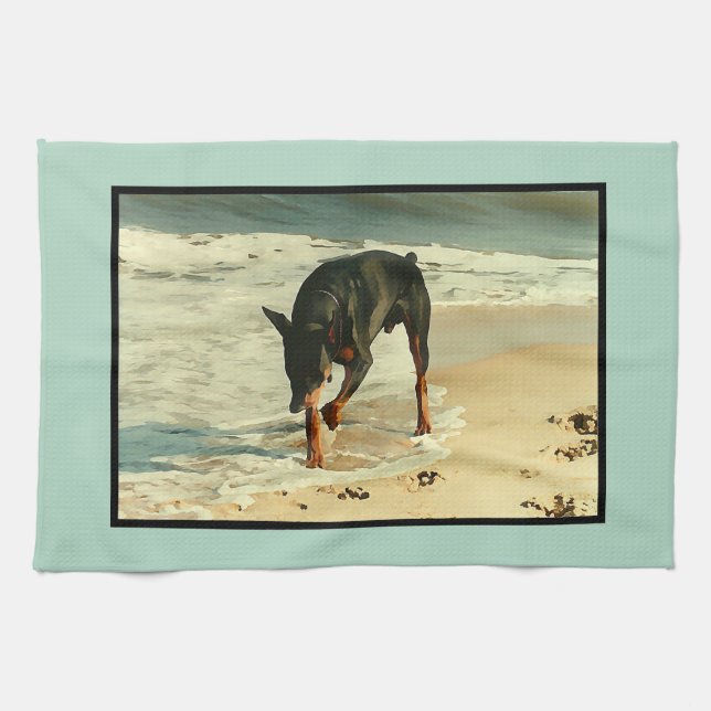 Doberman at the Beach Painting Image Tea Towel (Horizontal)