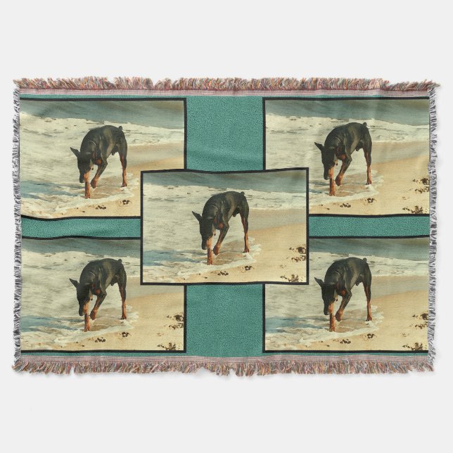 Doberman at the Beach Painting Image Throw Blanket (Front)