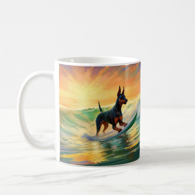 Doberman Beach Surfing Painting Coffee Mug (Left)