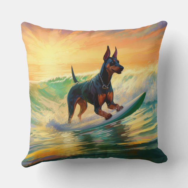 Doberman Beach Surfing Painting Cushion (Back)