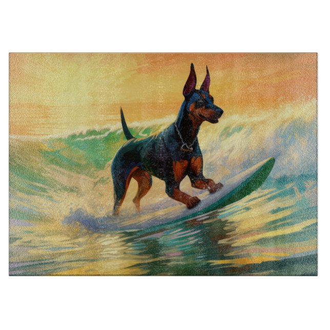 Doberman Beach Surfing Painting Cutting Board (Front)