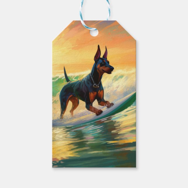 Doberman Beach Surfing Painting Gift Tags (Front)