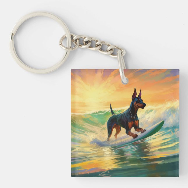 Doberman Beach Surfing Painting Key Ring (Front)