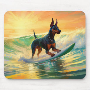 Doberman Beach Surfing Painting Mouse Pad