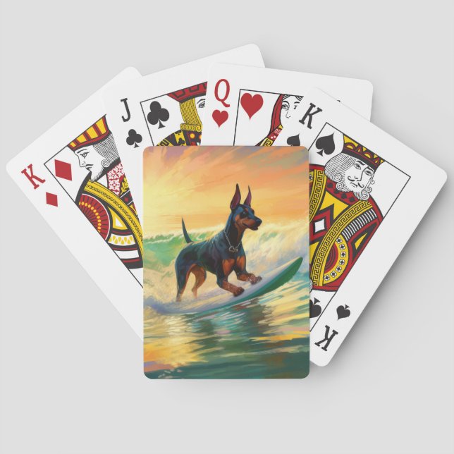 Doberman Beach Surfing Painting Playing Cards (Back)