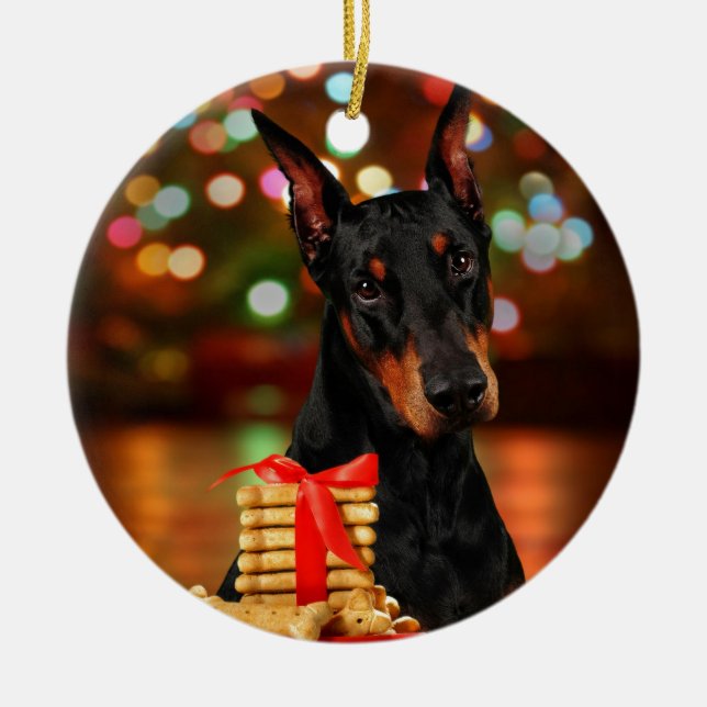 Doberman Christmas Ceramic Tree Decoration (Front)