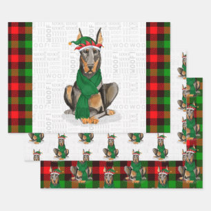 Doberman Christmas Dog and Red Holiday Plaid Wrapping Paper Sheet