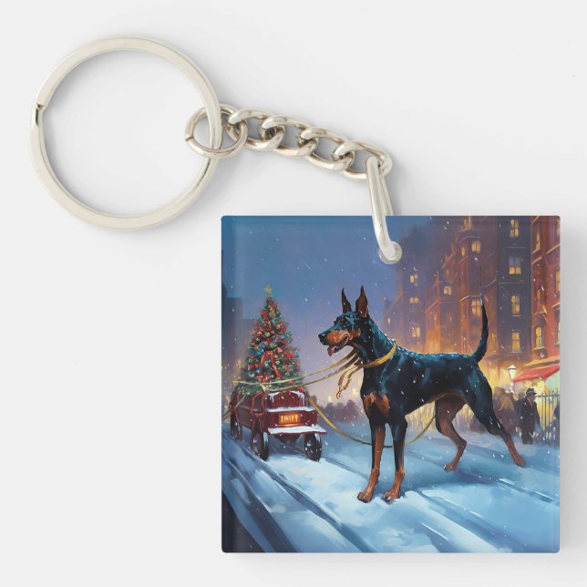 Doberman Christmas Festive Season Key Ring (Front)