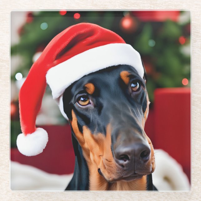 Doberman Christmas Glass Coaster (Front)