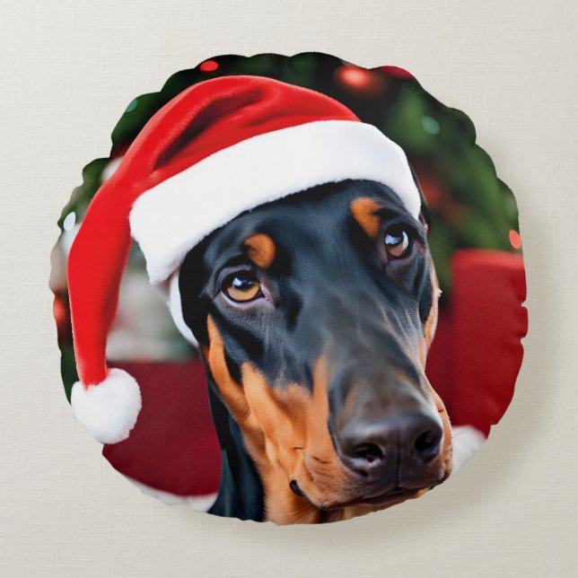 Doberman Christmas Round Cushion (Front)