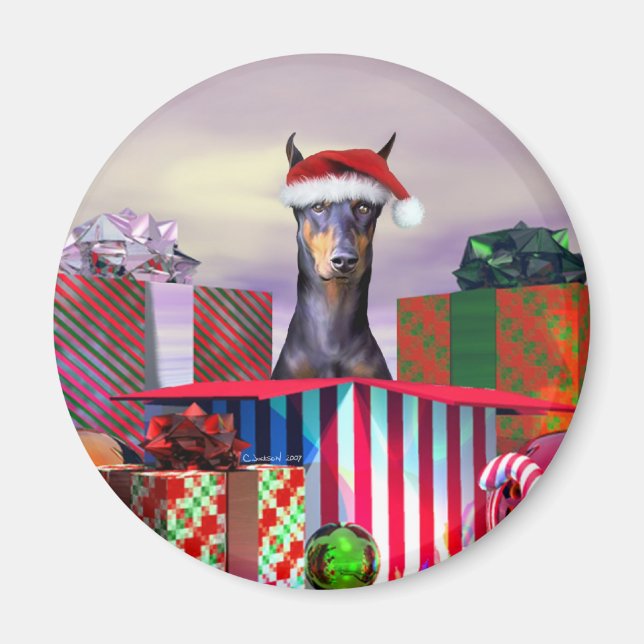 Doberman Christmas Surprise Magnet (Front)