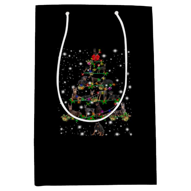 Doberman Christmas Tree Covered By Flashlight Medium Gift Bag (Front)