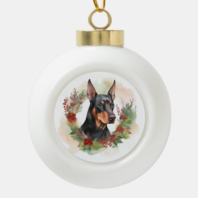Doberman Christmas Wreath Festive Pup Ceramic Ball Christmas Ornament (Front)