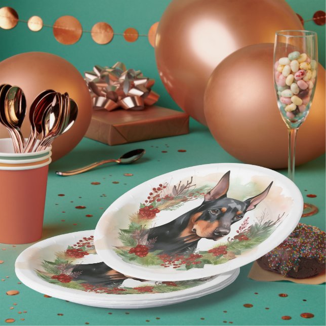 Doberman Christmas Wreath Festive Pup Paper Plate (Multi)