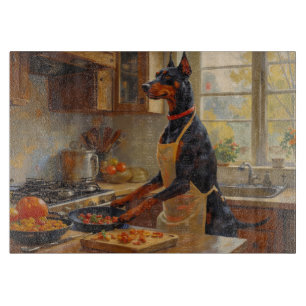 Doberman Cooking in Kitchen Cutting Board