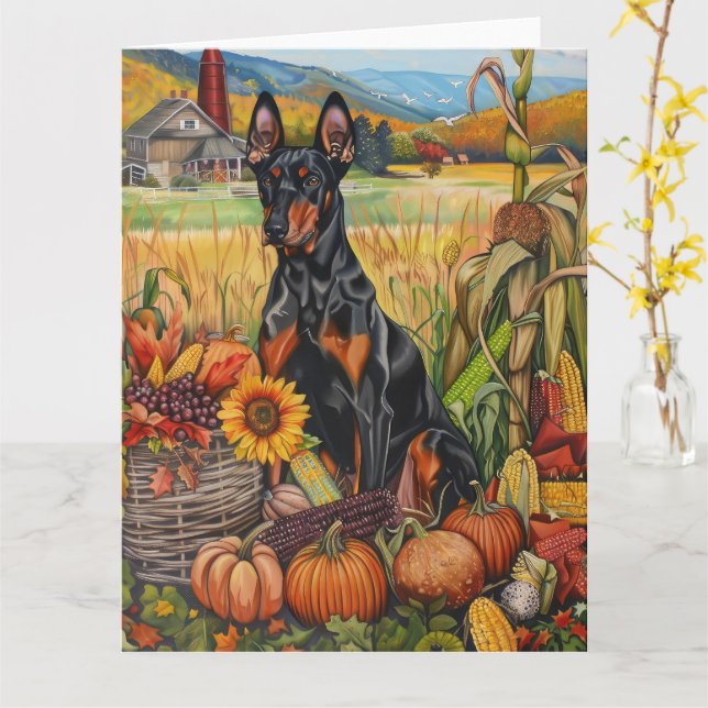Doberman Dog Autumn Harvest Thanksgiving Card (Yellow Flower)