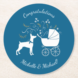 Doberman Dog Baby Shower Puppy Dobie Pinscher Round Paper Coaster