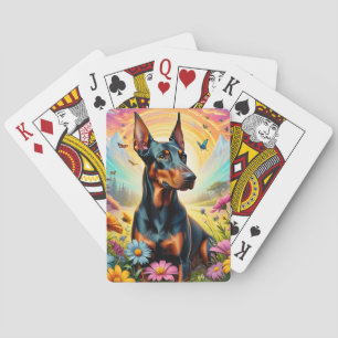 Doberman Dog, Flowers And Mountain Scene Playing Cards