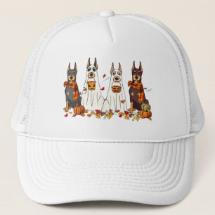 Doberman Dog Ghost Fall Autumn Leaves Thanksgiving Trucker Hat