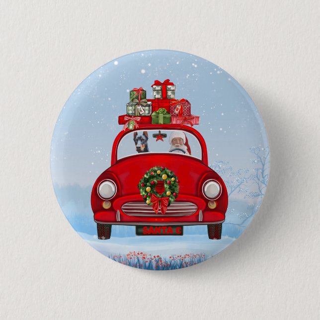 Doberman Dog In Car With Santa Claus 6 Cm Round Badge (Front)