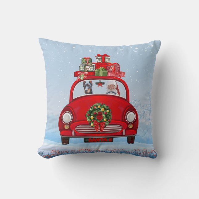 Doberman Dog In Car With Santa Claus Cushion (Front)