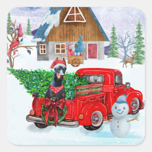 Doberman Dog In Christmas Delivery Truck Snow Square Sticker