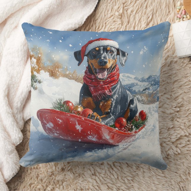 Doberman Dog in Sledge Let it Snow Christmas Cushion (Blanket)