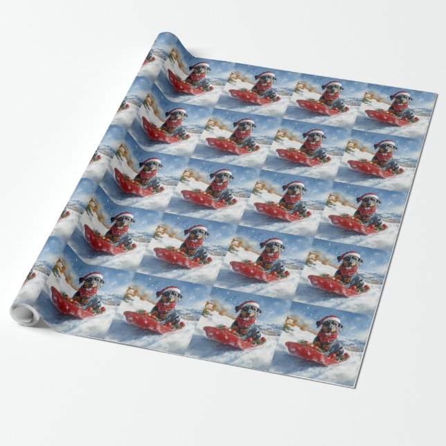 Doberman Dog in Sledge Let it Snow Christmas Wrapping Paper (Unrolled)