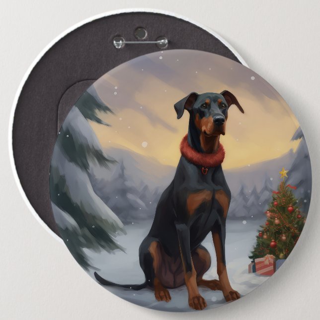 Doberman Dog in Snow Christmas  6 Cm Round Badge (Front & Back)
