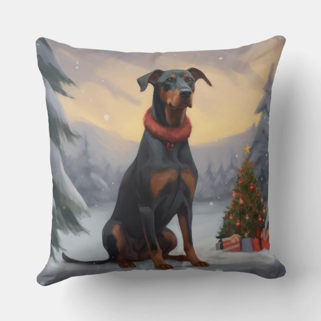Doberman Dog in Snow Christmas  Cushion (Back)