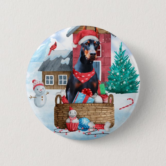 Doberman Dog In snow Christmas Dog House 6 Cm Round Badge (Front)