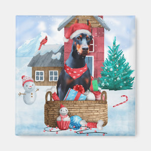 Doberman Dog In snow Christmas Dog House Magnet