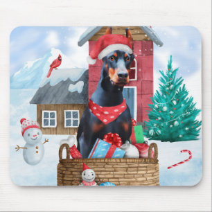 Doberman Dog In snow Christmas Dog House Mouse Pad
