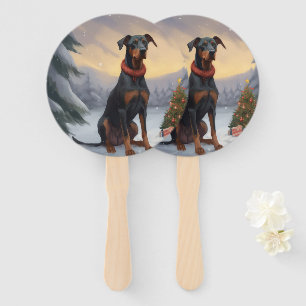 Doberman Dog in Snow Christmas Hand Fan