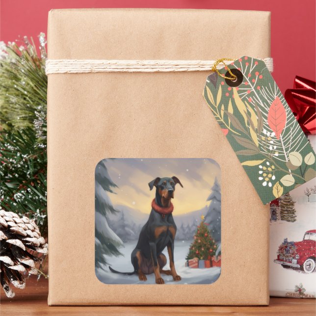Doberman Dog in Snow Christmas Square Sticker (Holiday)