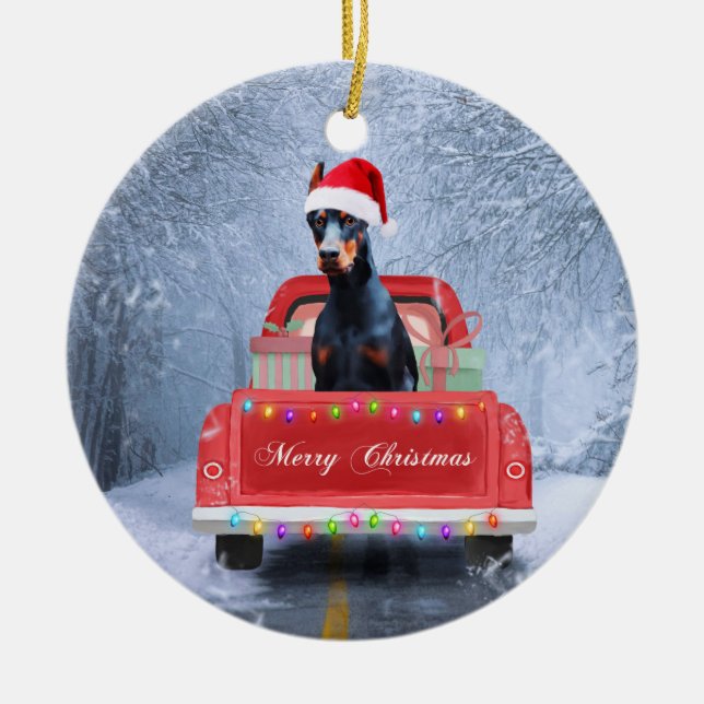 Doberman Dog in Snow sitting in Christmas Truck Ceramic Tree Decoration (Front)