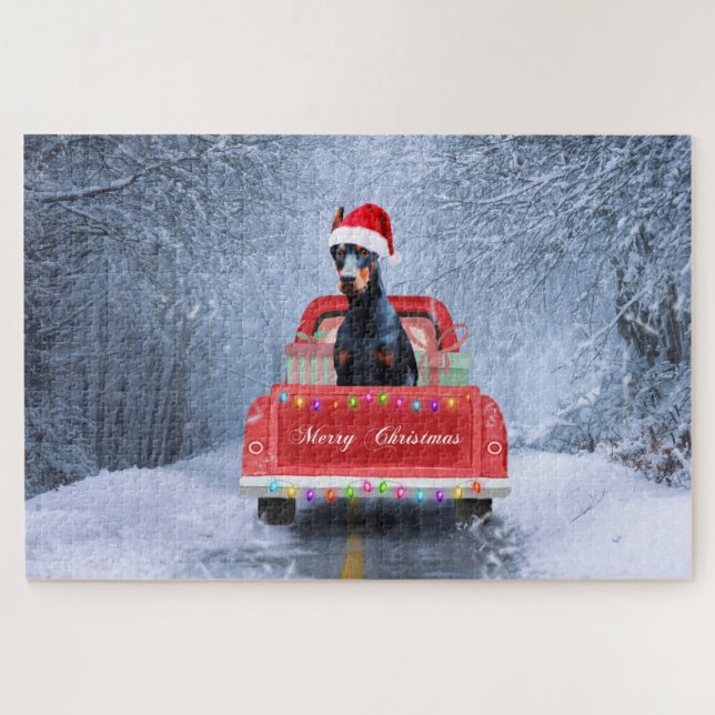 Doberman Dog in Snow sitting in Christmas Truck Jigsaw Puzzle (Horizontal)