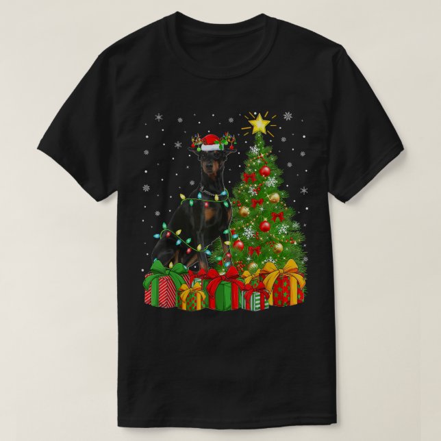 Doberman Dog Lighting Xmas Tree Santa Hat Doberman T-Shirt (Design Front)