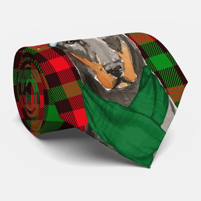 Doberman Dog Lover and Festive Plaid Christmas Tie (Rolled)