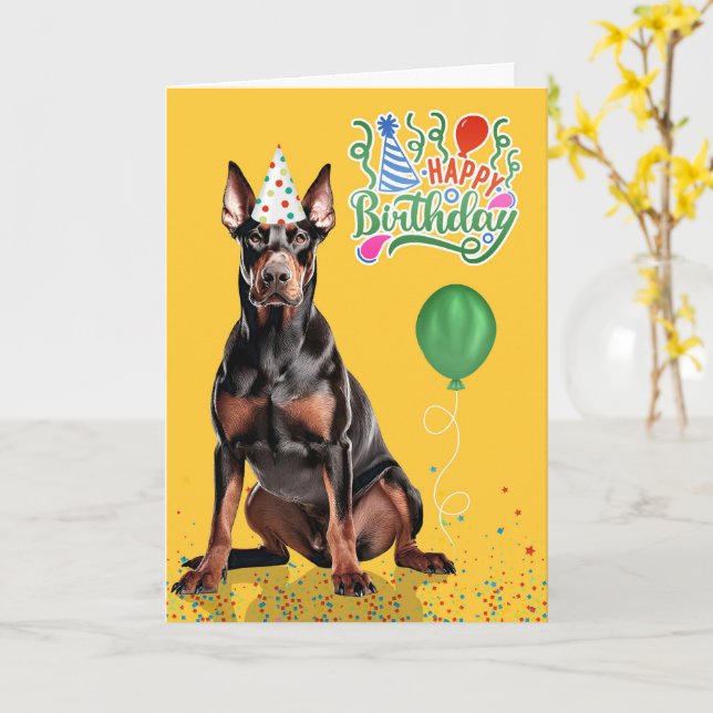 Doberman Dog Party Hat Yellow Birthday Card (Yellow Flower)