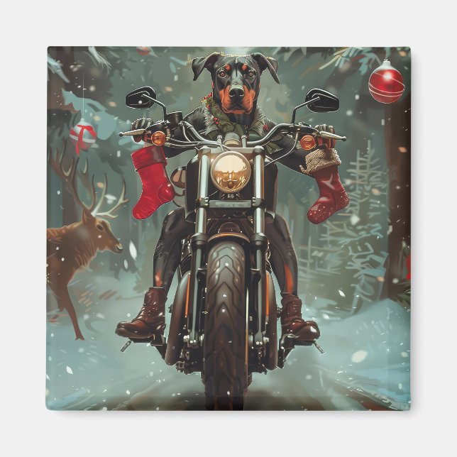Doberman Dog Riding Motorcycle Christmas Magnet (Front)