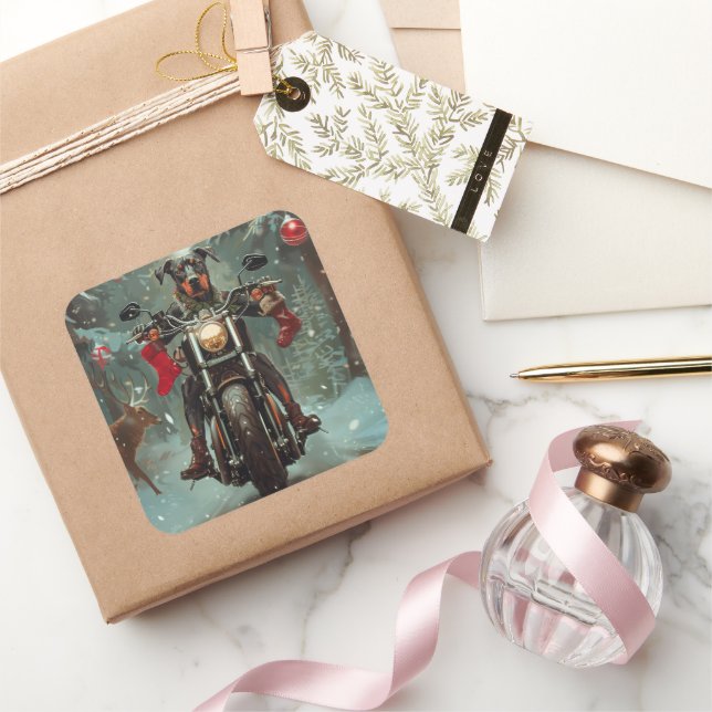 Doberman Dog Riding Motorcycle Christmas Square Sticker (Gifting)