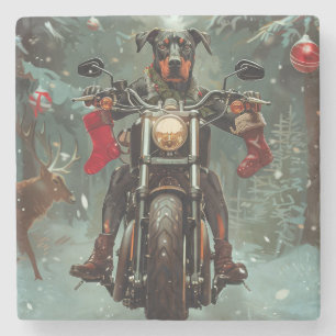 Doberman Dog Riding Motorcycle Christmas Stone Coaster