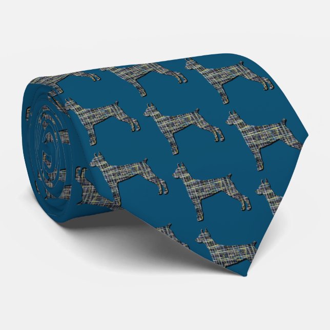 Doberman Dog Silhouette Y&B Grid Blue Tie (Rolled)