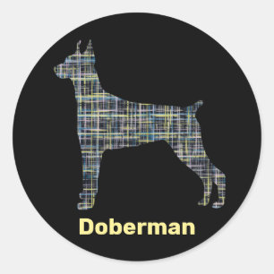 Doberman Dog Silhouette Yellow & Black Grid Lines Classic Round Sticker