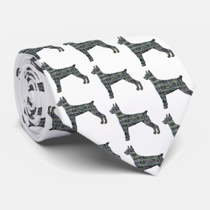 Doberman Dog Silhouette Yellow & Black Grid White Tie