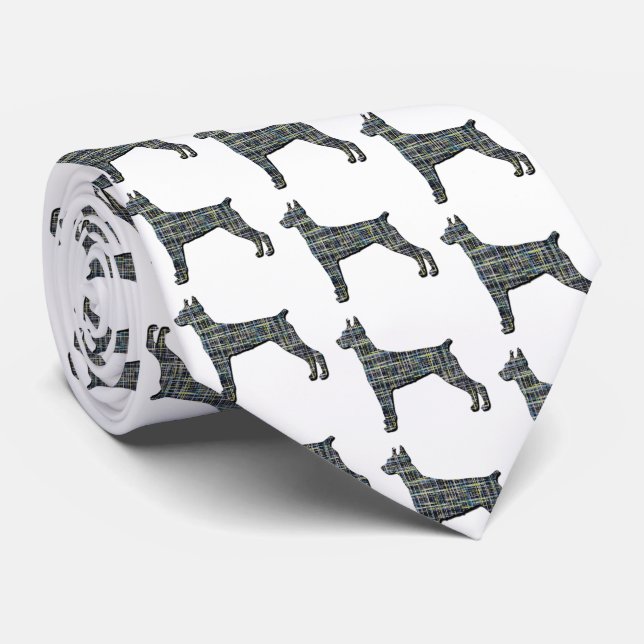 Doberman Dog Silhouette Yellow & Black Grid White Tie (Rolled)