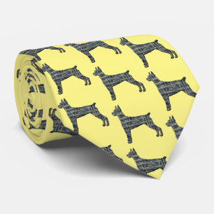 Doberman Dog Silhouette Yellow & Black Grid Yellow Tie