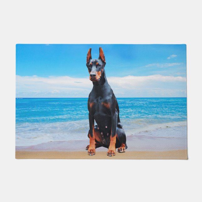 Doberman Dog Sitting On Beach Doormat (Front)