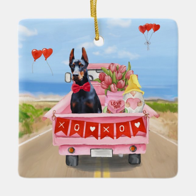 Doberman Dog Valentine's Day Truck Hearts Ceramic Ornament (Front)